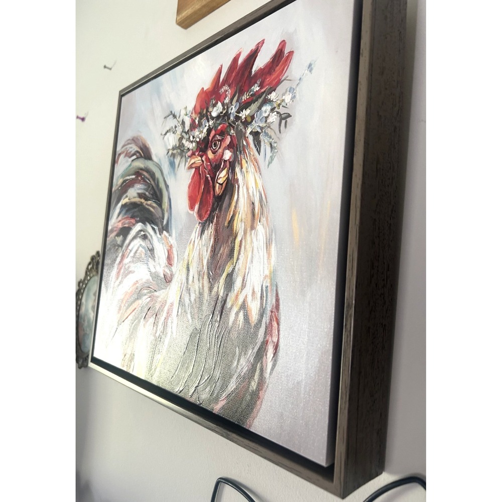 Framed Rooster Wall Art Farmhouse Country Decor Brown Box Frame 13x13 - Picture 4 of 5
